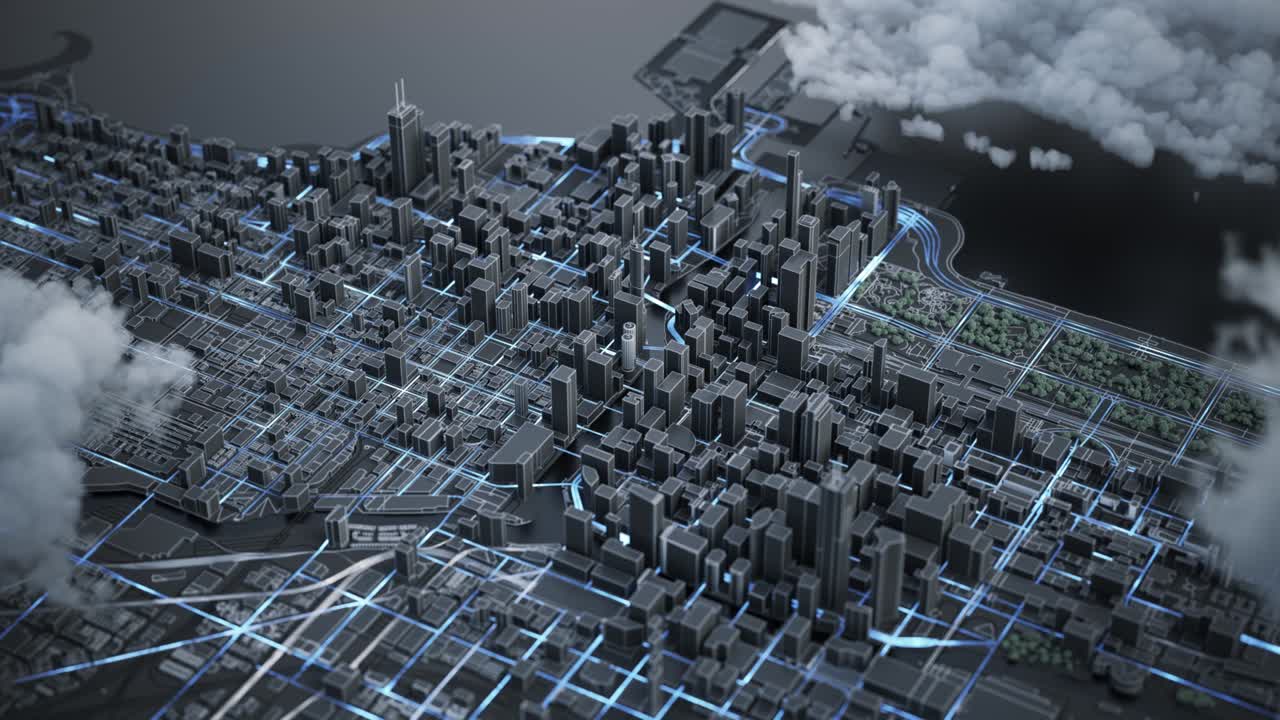 Aerial view of night city streets. Digital map of Chicago city.