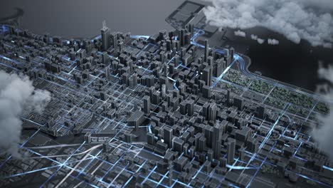 aerial view of night city streets. digital map of chicago city.