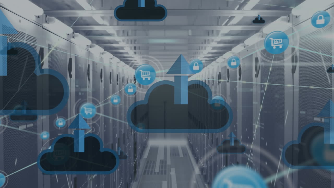 Animation of up arrow on clouds over connected icons against server room in background