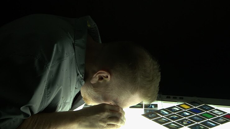 Man selects film slide to view on illuminated light box in dark room