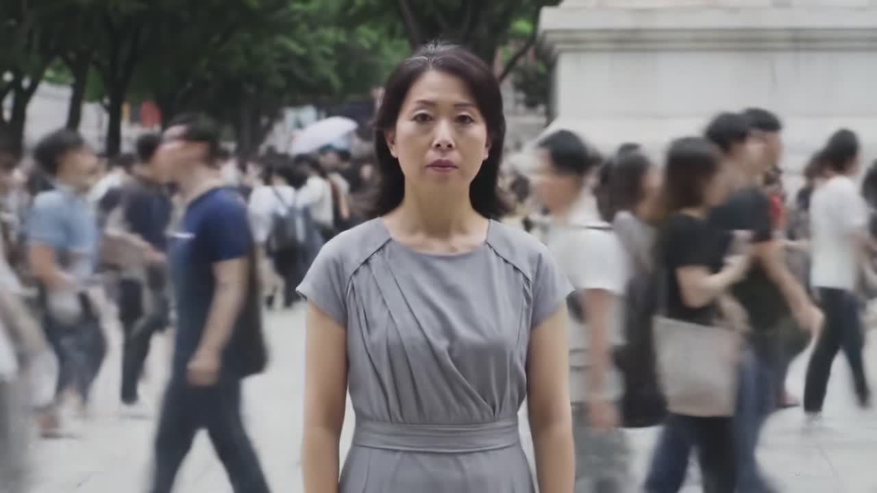 In a World of Motion: A Woman Stands Still Amidst the Fast-Paced Crowd, Capturing the Essence of Isolation in a Busy Urban Environment
