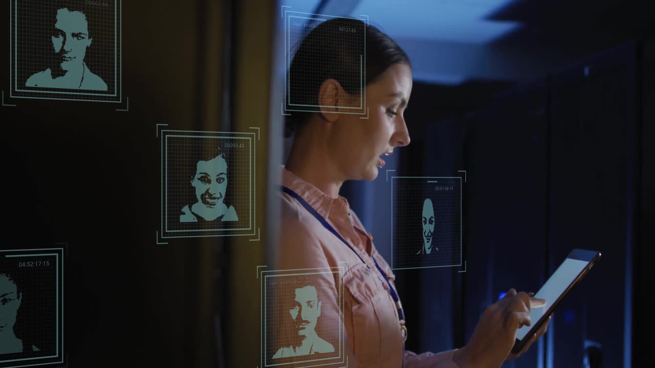 IT admin raising tablet and scanning face icons for identity filtering amidst server rack lights