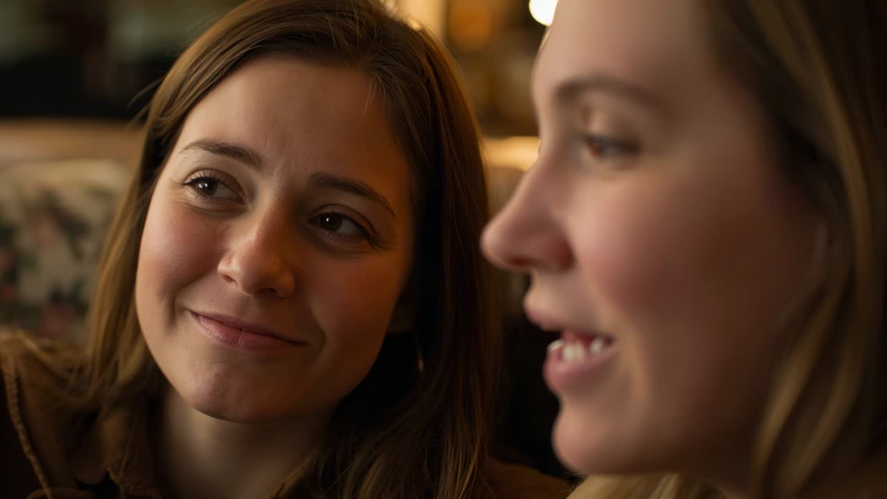 Smiling left woman leaning toward right, closing eyes, sharing tender moment on couch near lamp