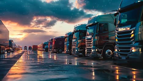 a row of trucks parked in a parking lot at dusk