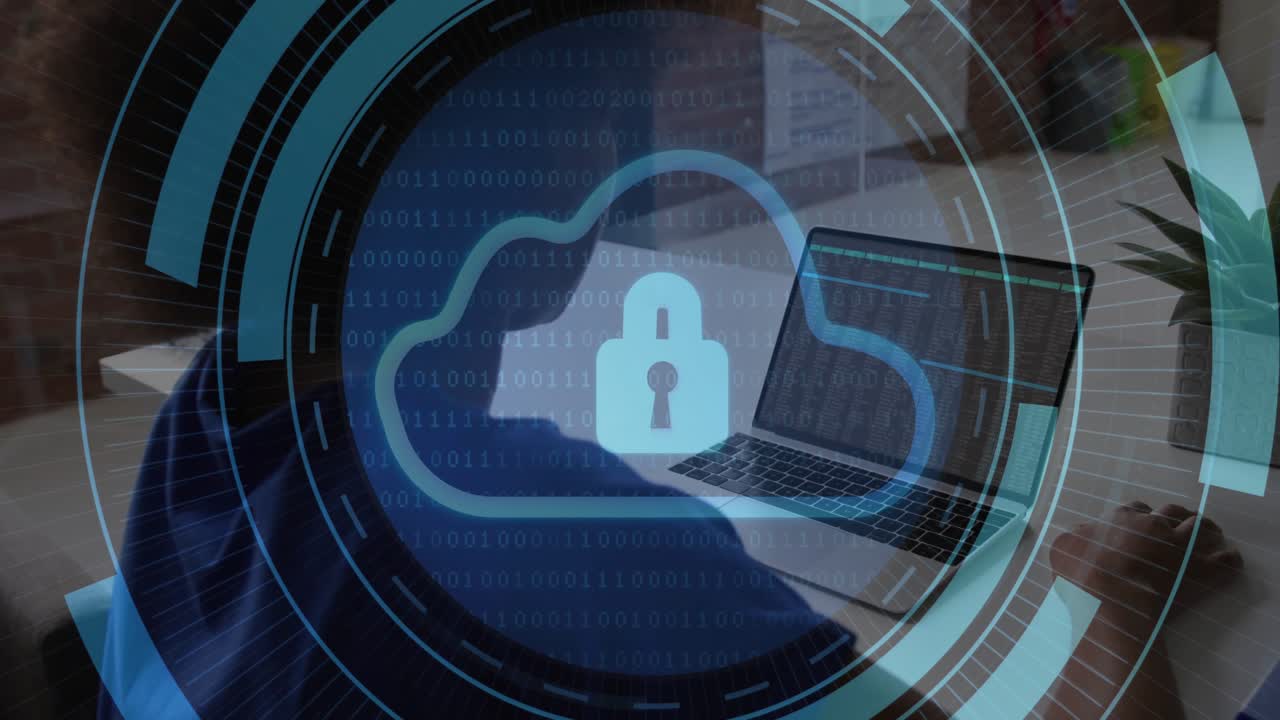 Woman typing on laptop at tech desk, showing padlock icon for cloud security and binary rings