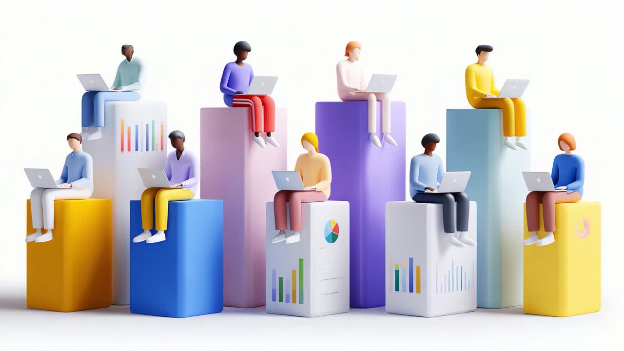A Diverse Group of Individuals Engaged in Collaborative Tasks on Laptops, Showcasing Creativity and Productivity on Colorful Pedestals in a Modern Work Environment