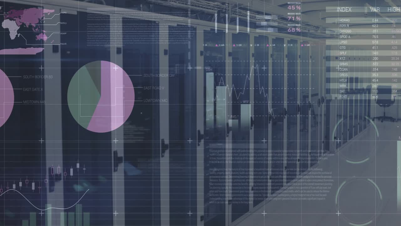 After static rack shot, HUD overlaying racks with widgets and animating graphs forming data view