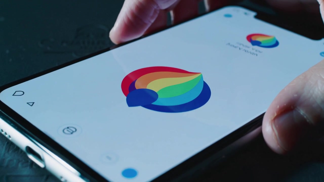 Approaching right hand tapping smartphone display on dark tabletop, opening colorful droplet app