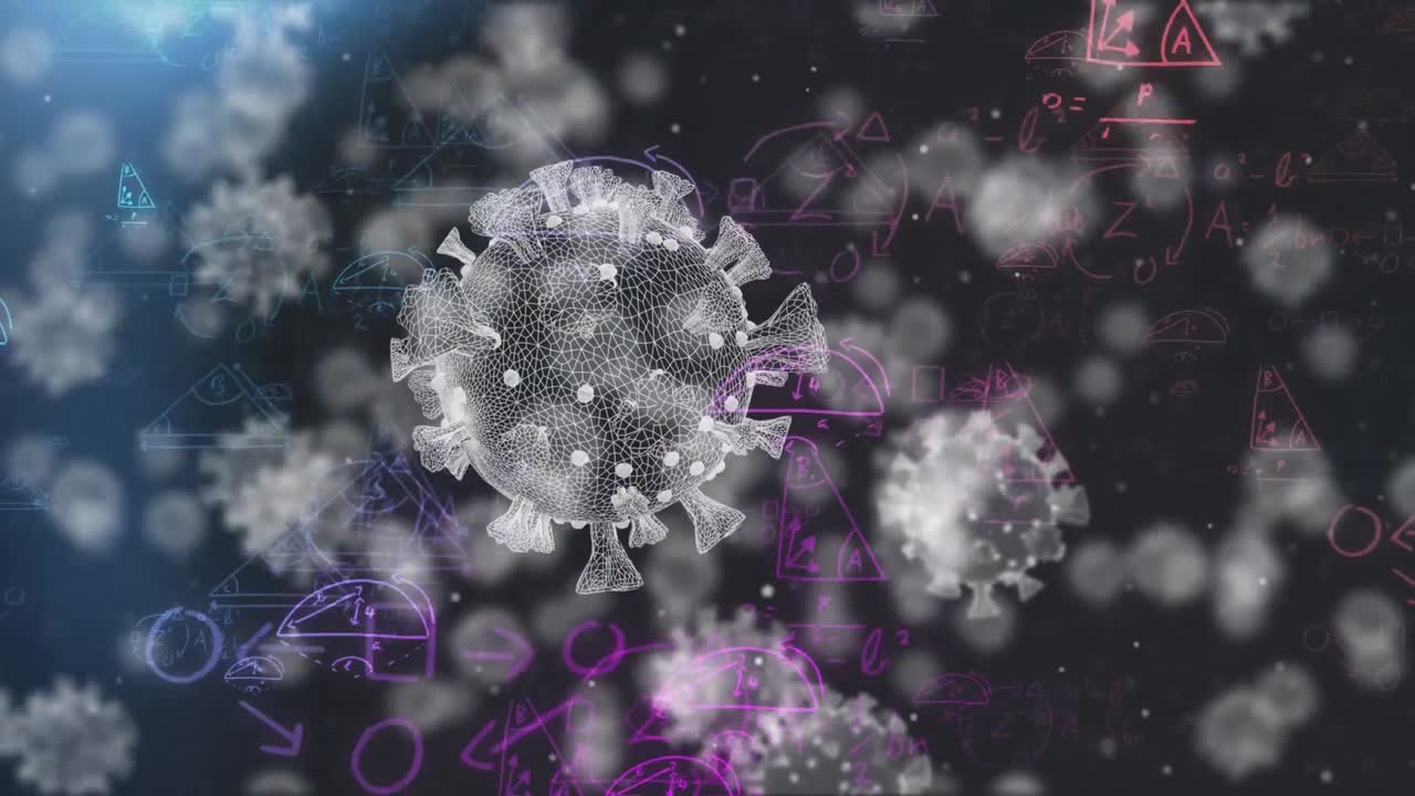 Video composito digitale di cellule Covid-19 in movimento con equazioni matematiche sullo sfondo