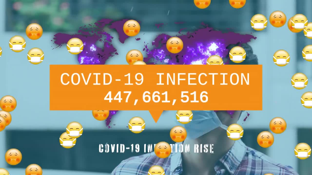 코로나 19 데이터 처리의 애니메이션과 얼굴 마스크를 가진 여러 병자 이모지