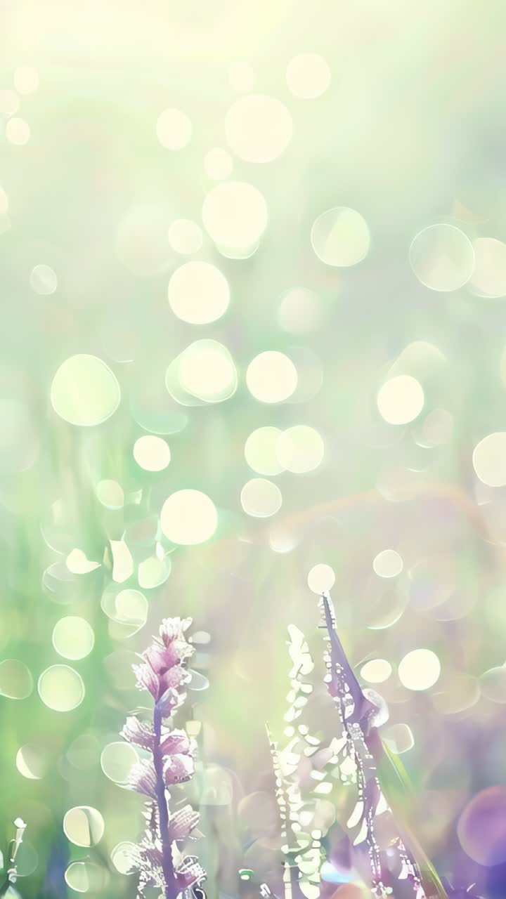 Flores silvestres com o nascer do sol criando um efeito bokeh no plano de fundo com tons pastel
