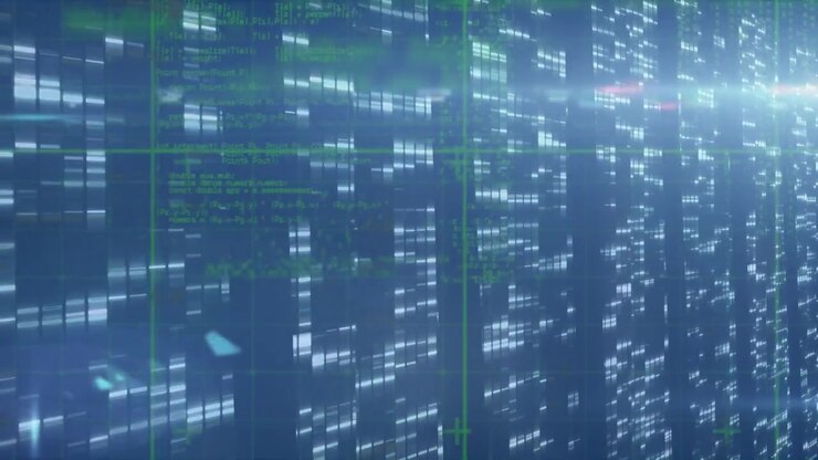 Animation of data processing on navy background with lights