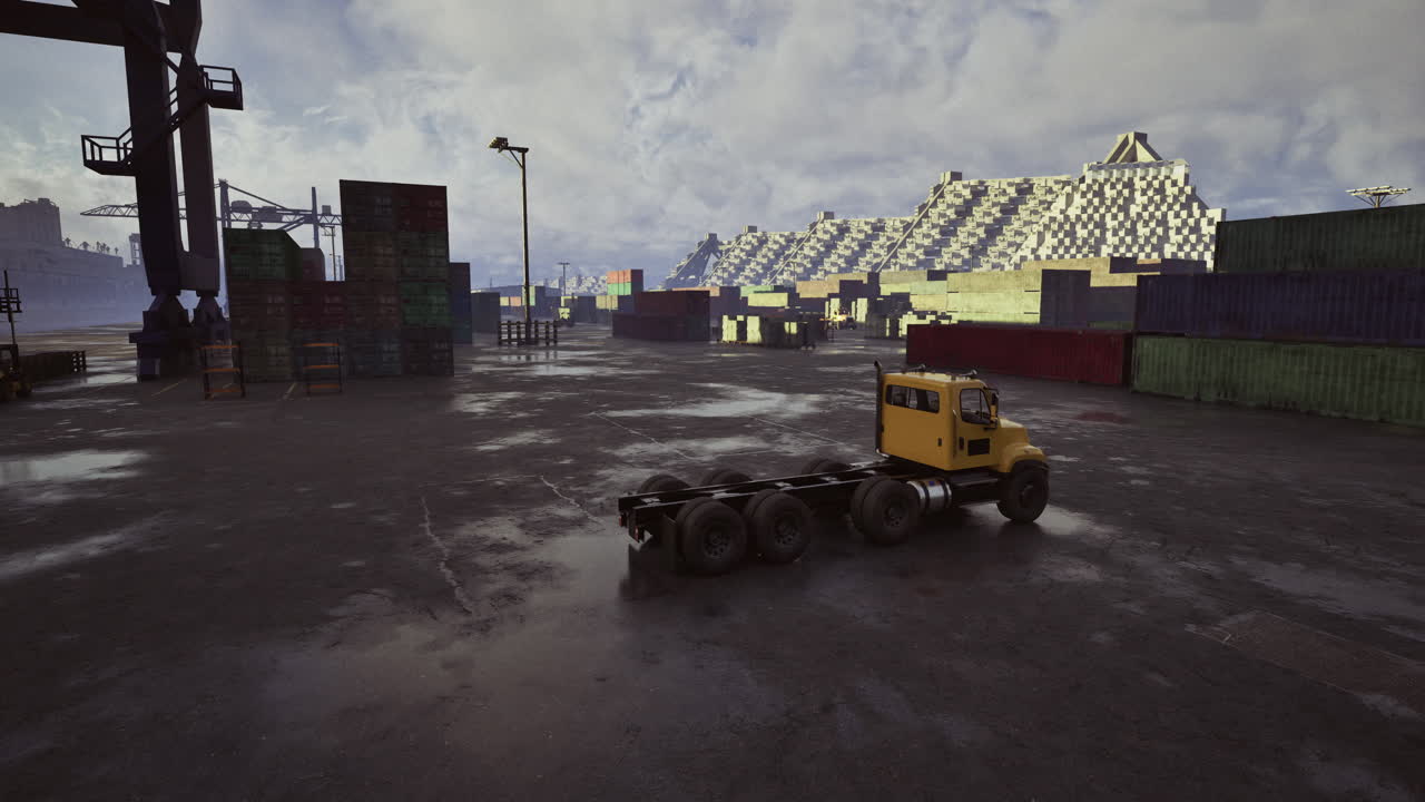 Truck moving through a busy cargo yard during overcast weather