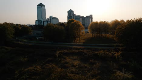 Upward-shot-over-a-wooded-landscape-and-a-highway-and-a-skyline-with-tall-buildings-in-Vimercate,-Italy