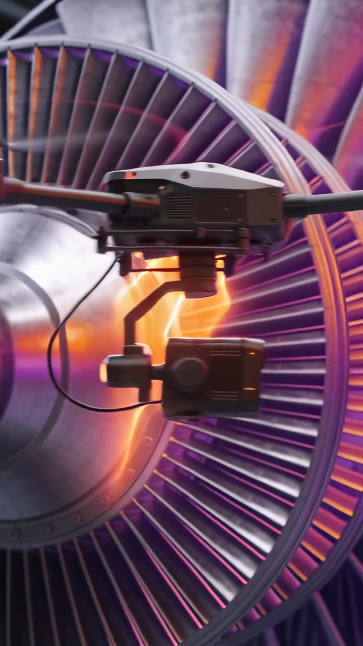 Receiving remote command, drone scanning turbine blades with orange beam for aerospace inspection