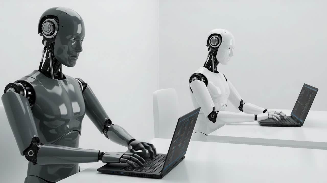 Futuristic Interactions: Two Robots Engaged in Complex Computations at Modern Workstations Surrounded by Minimalist Design and Advanced Technology