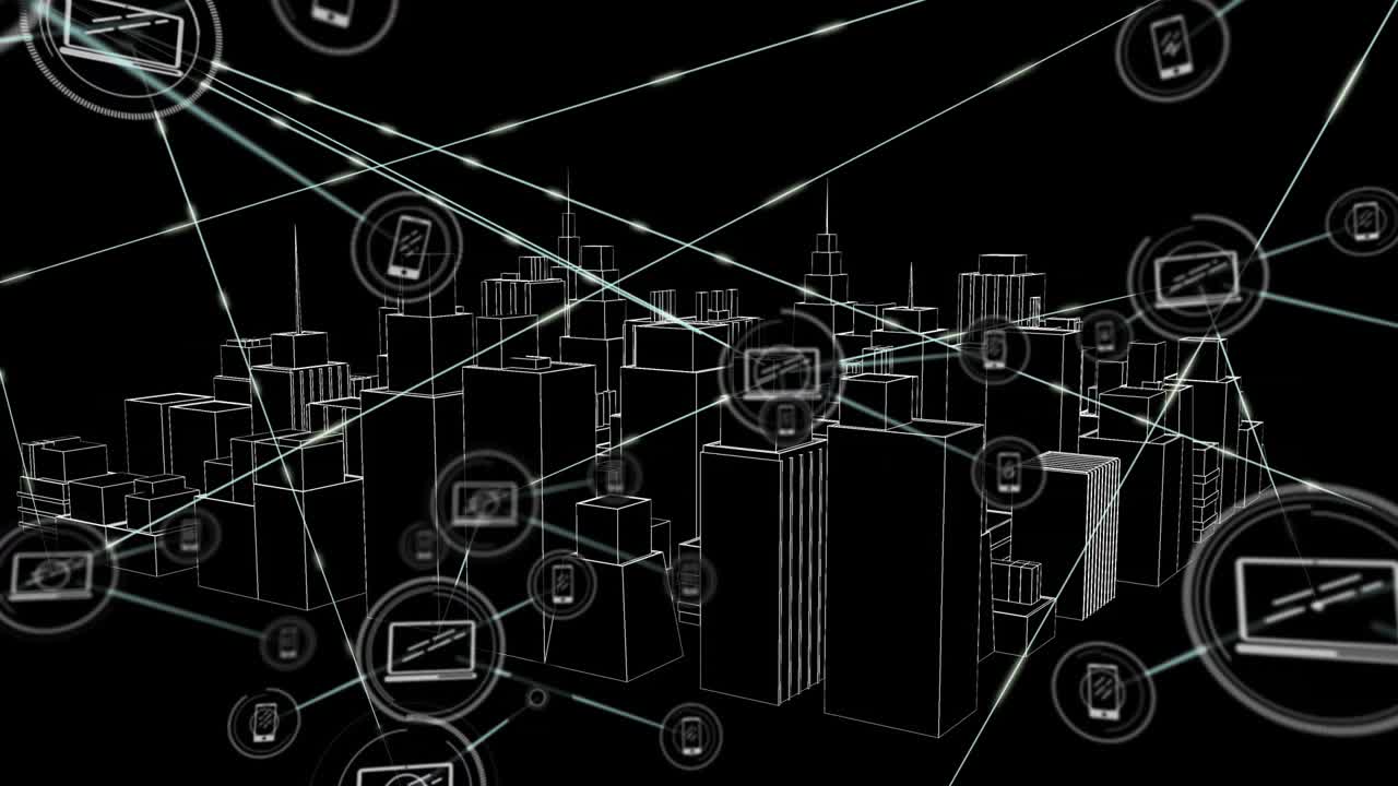 Central device node appearing wireframe city forming network to show connectivity as camera moving