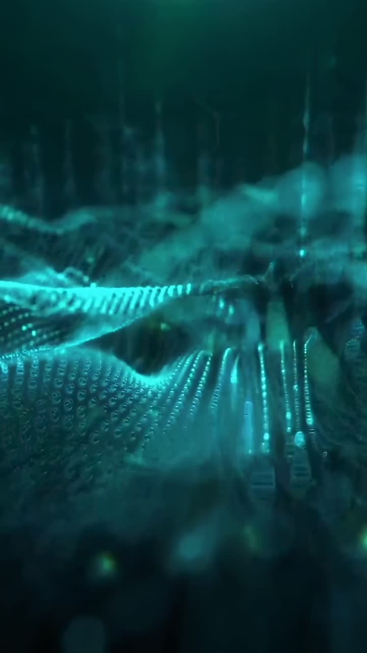 Abstract digital wave with glowing dots, viewed from a low angle