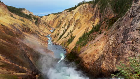 Upper-lower-Falls-Waterfalls-Grand-Canyon-of-the-Yellowstone-National-Park-river-HDR-lookout-artist-point-autumn-Canyon-Village-lodge-roadway-stunning-daytime-landscape-view-cinematic-pan-right-slowly