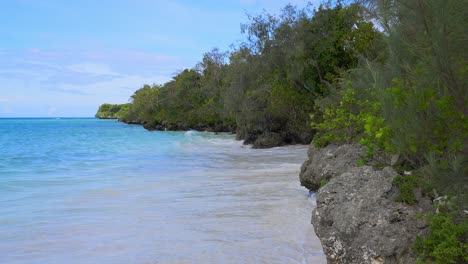 una toma en cámara lenta de una estrecha franja de playa de arena con suaves olas en un paraíso tropical