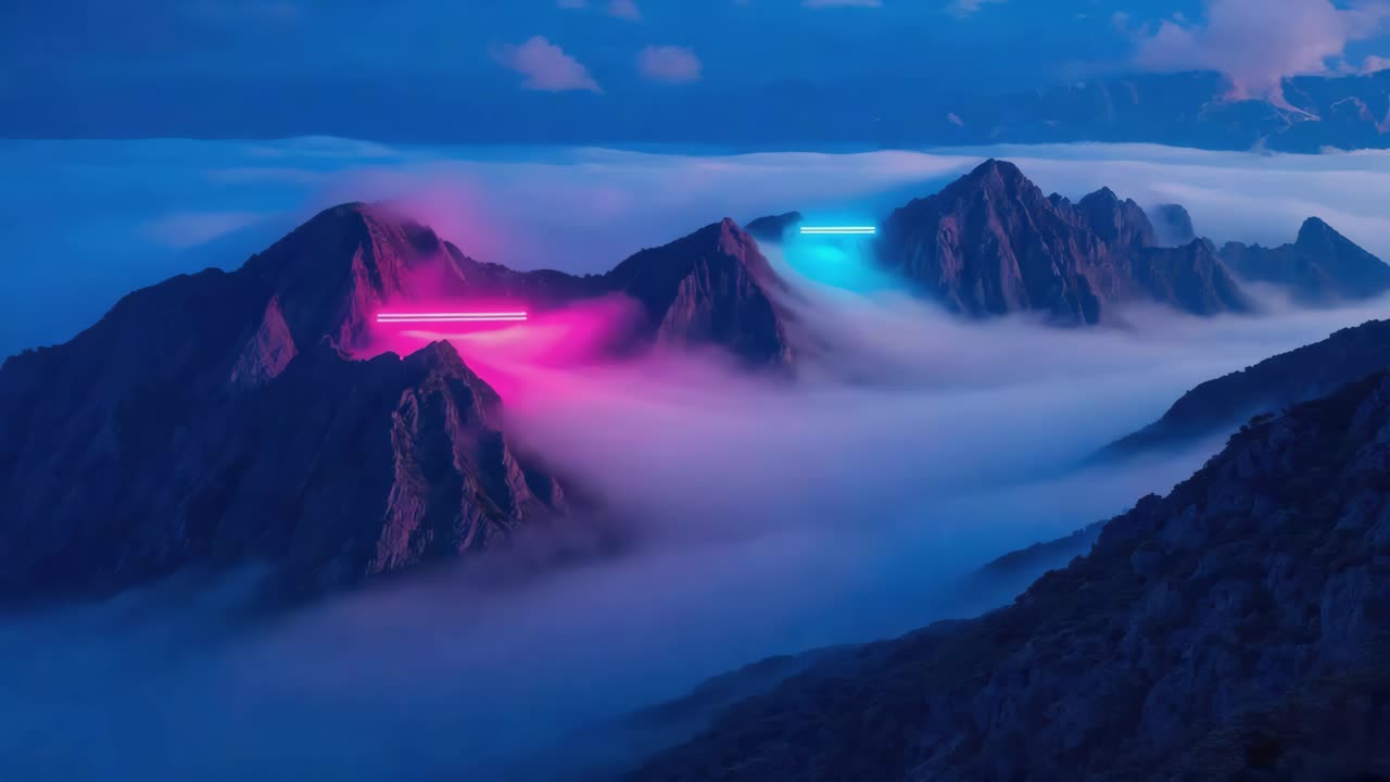 Mountains with Neon Lights in Fog