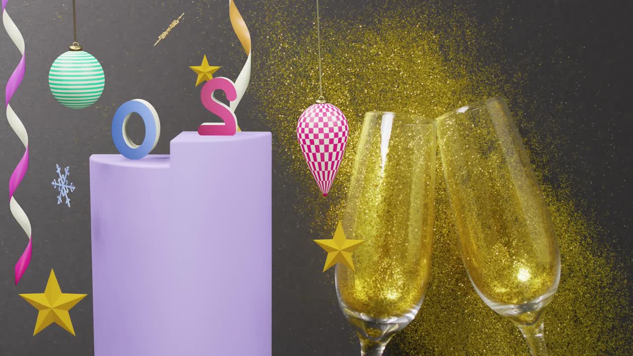 Vidéo de stock Premium Animation du texte de 2024 et des décorations de noël avec des verres
