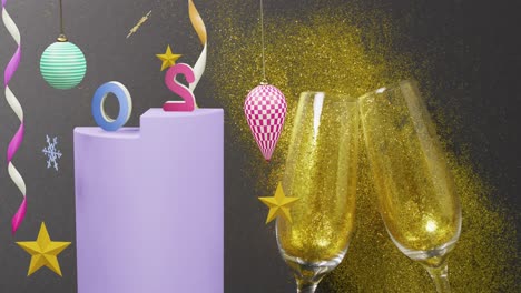 animation of 2024 text and christmas decorations with champagne glasses in background