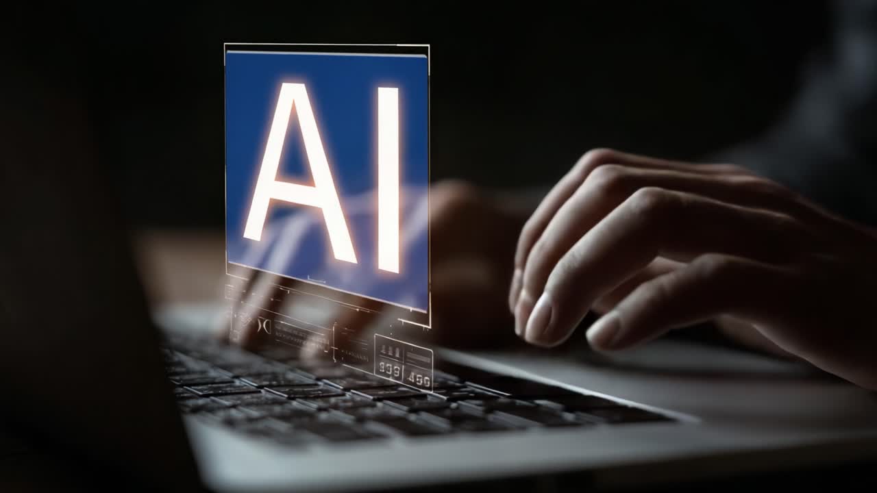 Exploration of Artificial Intelligence: Hands Engaged with Modern Technology and AI Interface on a Laptop Keyboard