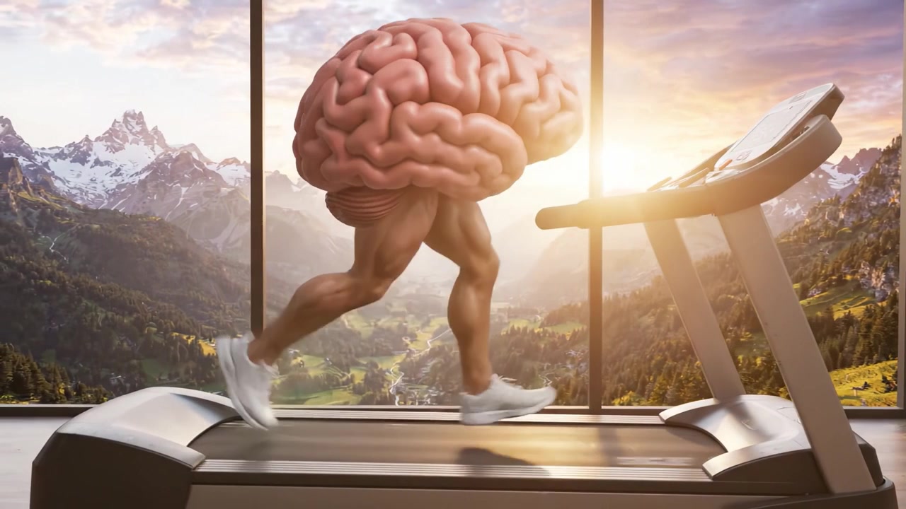 A unique representation of physical and mental fitness, showcasing a figure running on a treadmill with an oversized brain, symbolizing the connection between exercise and cognitive health.