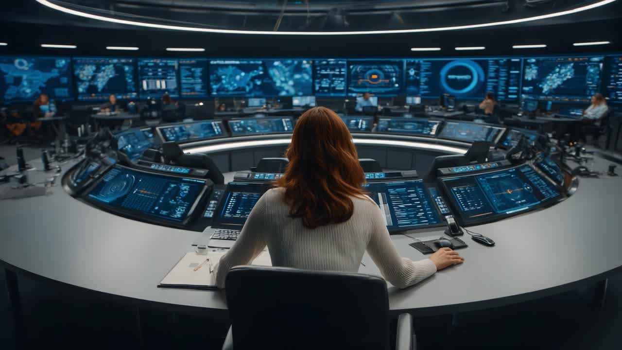 A High-Tech Command Center with a Focused Operator Overseeing Complex Data Displays and Global Information Analytics in Real-Time