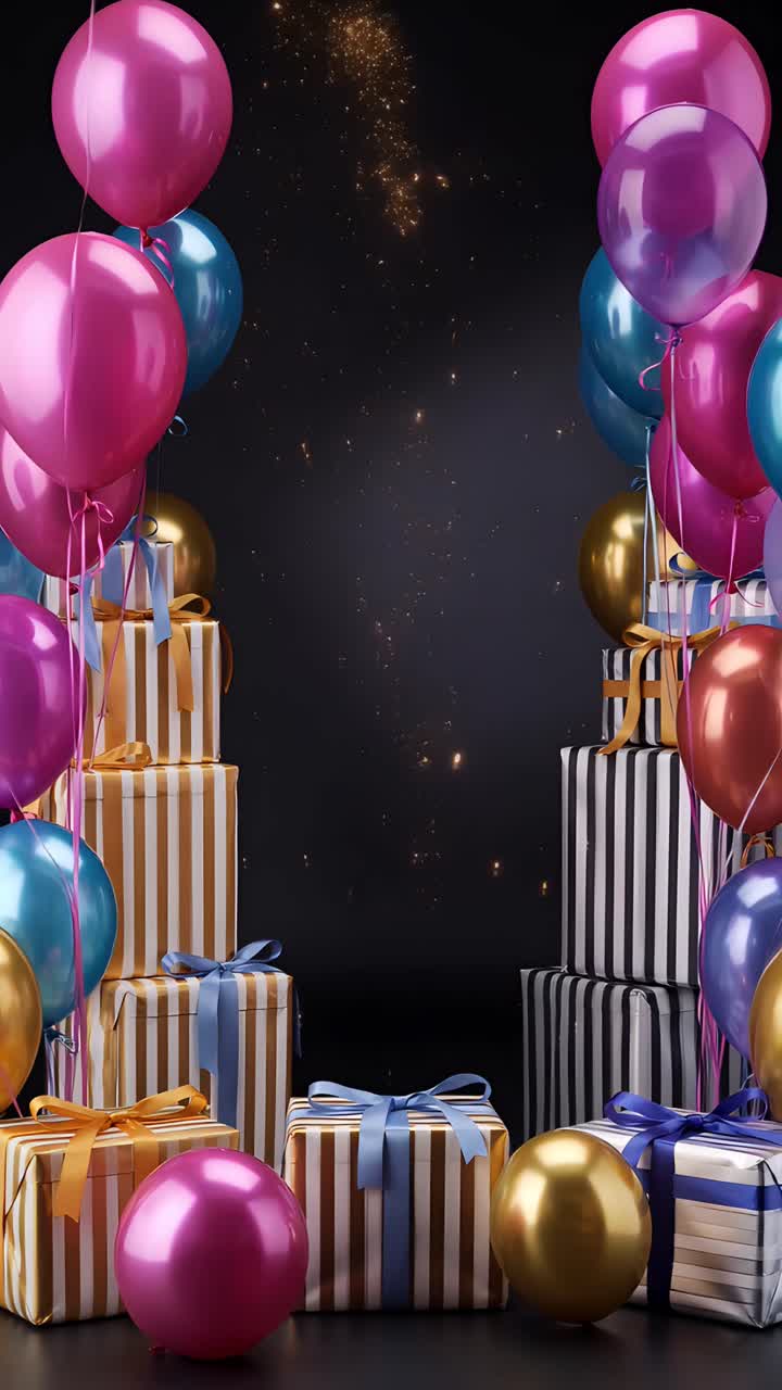 Video di sfondo di compleanno con palloncini e scatole regalo 4K