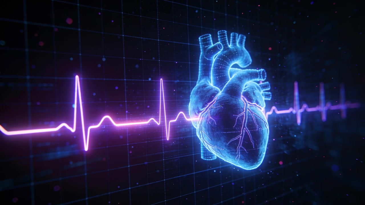 Cuore 3D pulsante che reagisce all'onda ECG, con vasi che si inclinano e brillano su una griglia virtuale, e spazio per il testo.
