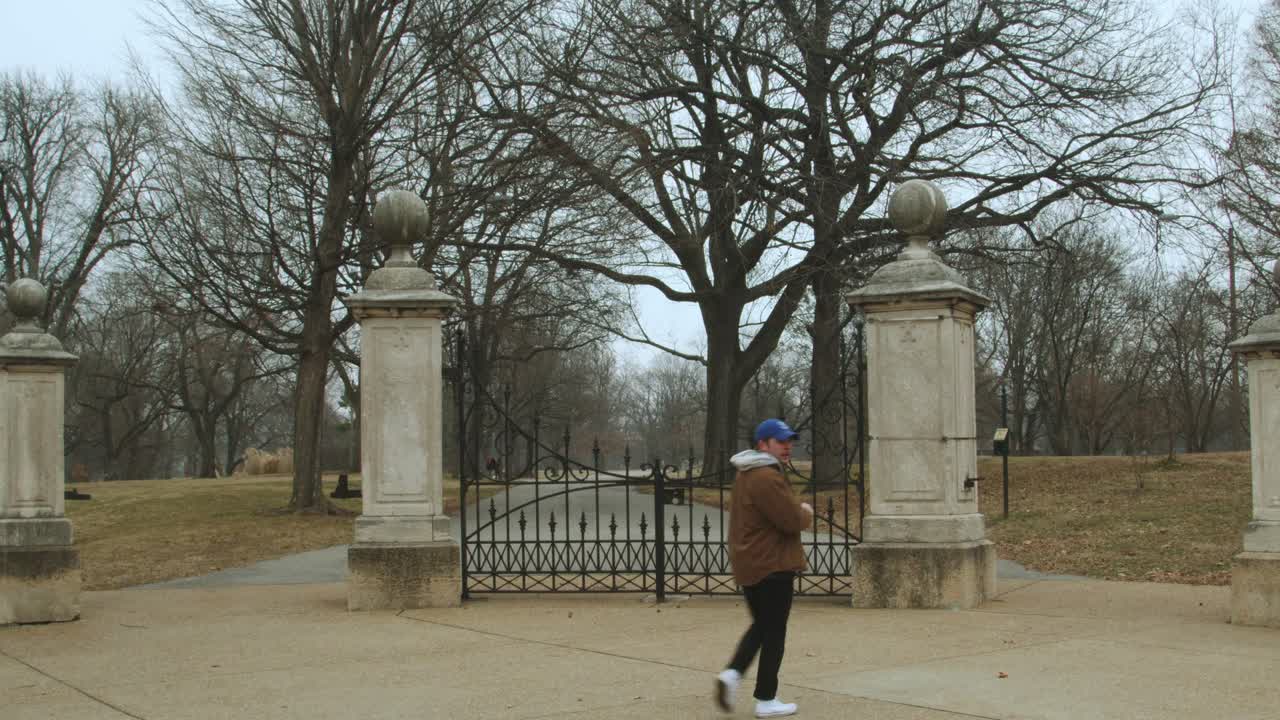 흐린 날 미국 미주리 시의 도로 옆에 있는 차가운 나무의 정적 전망