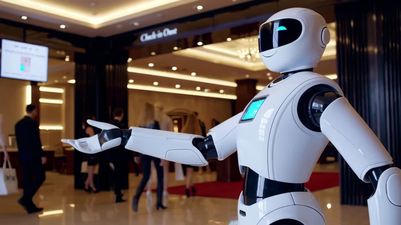 Robot Welcoming Guests in a Hotel Lobby