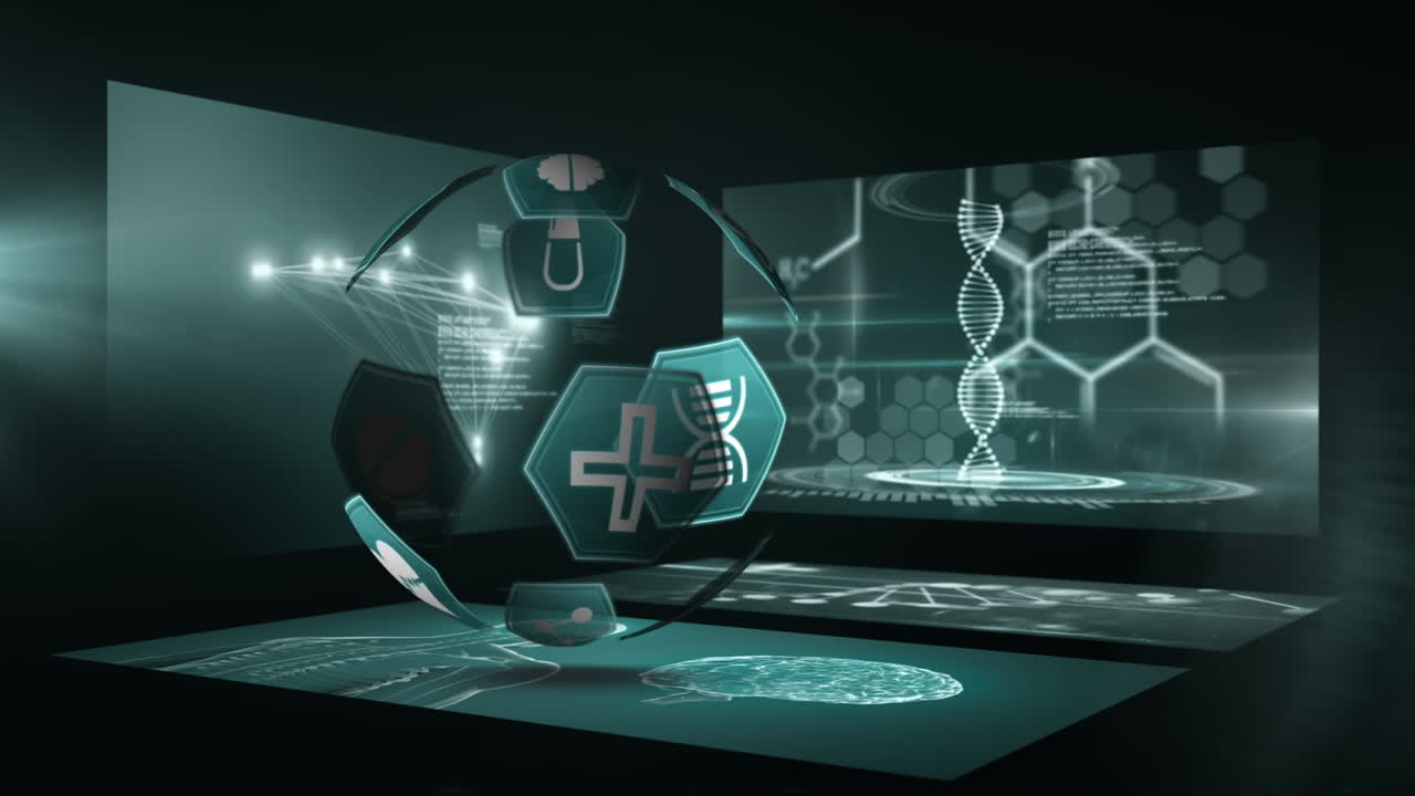 globo fatto di icone mediche contro l'elaborazione di dati medici