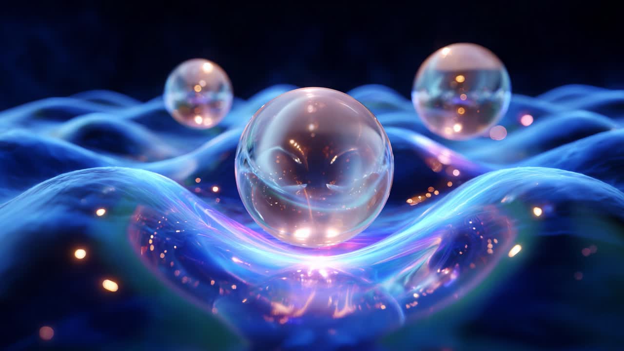 A Mesmerizing Display of Light and Motion: Iridescent Spheres Floating Above a Vibrant Wave-Like Surface, Capturing the Essence of Fluid Dynamics and Reflective Surfaces in a Stunning Visual Experience