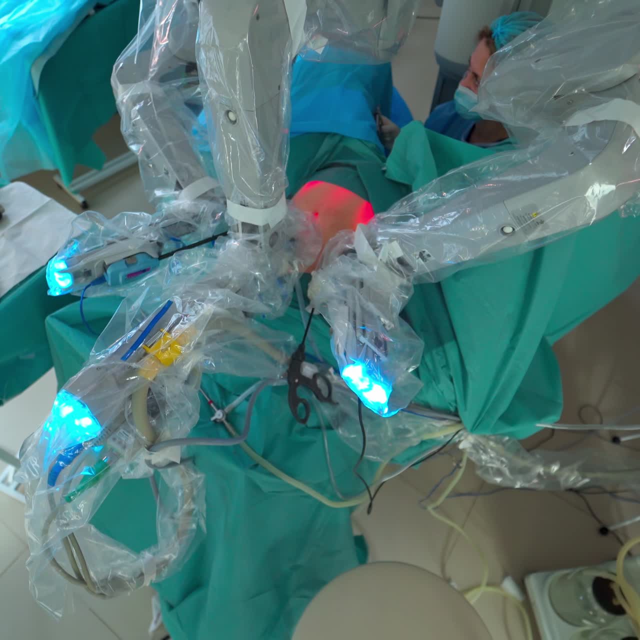 Close up of neurosurgery machine. Da Vinci surgery in futuristic operation room