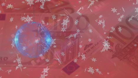 animation of snow falling and bauble over euro banknotes and padlock icon
