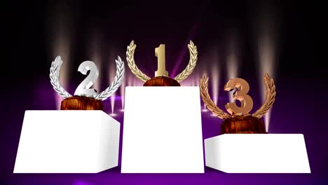 animation of first, second and third place award trophies at floodlit winners' prize giving ceremony