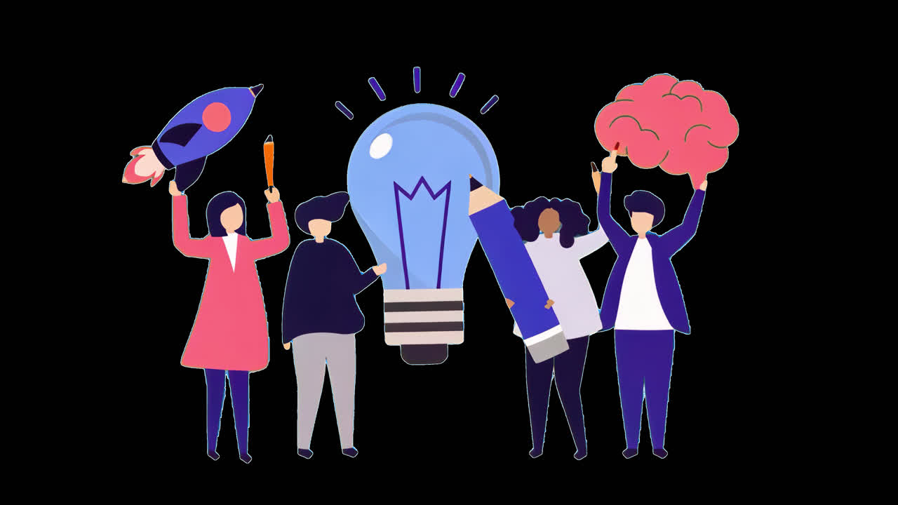 Creative teamwork innovation concept animation isolated asset, transparent 4K video, alpha channel