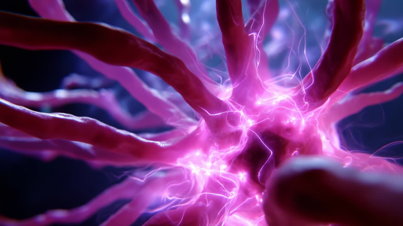 Intricate visualization of a neuron showcasing vivid electric impulses and complex structures, emphasizing the dynamic processes within neural connections and the essence of communication in a biological context