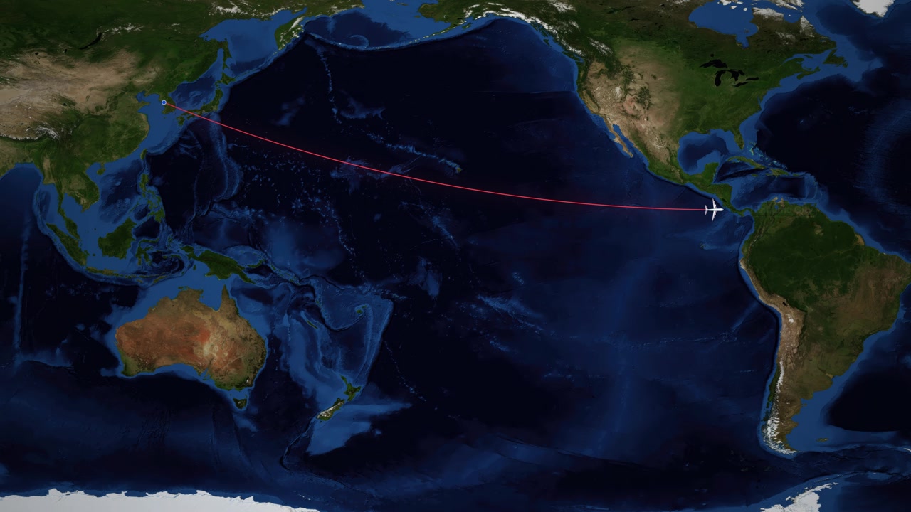 A digital airplane icon travels across a world map from Seoul to Panama City
