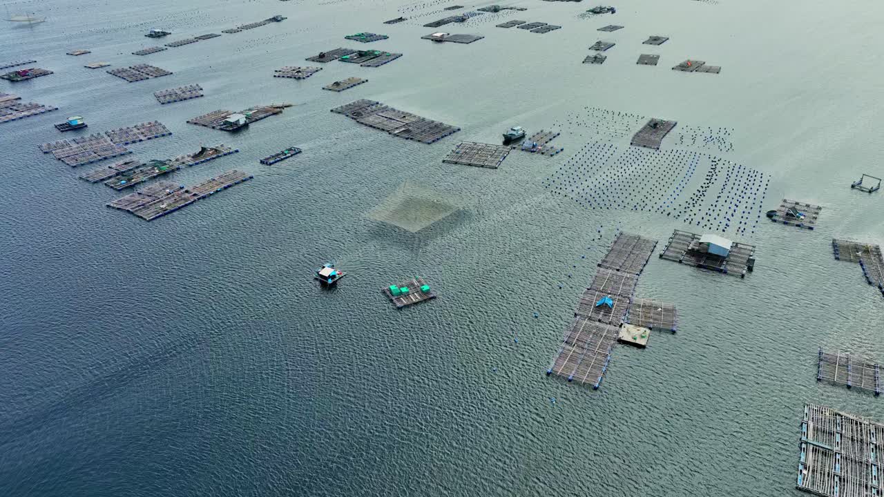 ベトナム中部カインホア省のカムラン湾に広がる、数千もの養魚場とロブスターの生簀をドローンで空撮。