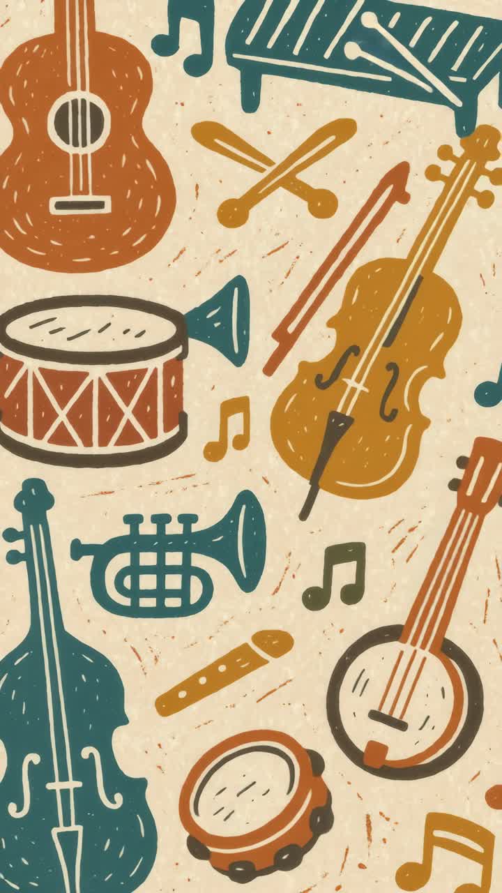 Colorful, flat lay illustration of musical instruments and notes