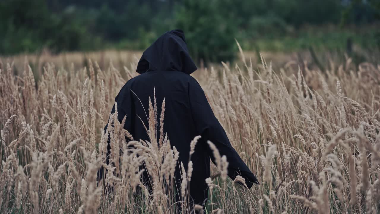 Scary witch evil outdoors. Back view on scary ghost in black robe and hood on head turning horrorful face to camera. Demon of death on the ripe wheat field. Mystery concept.