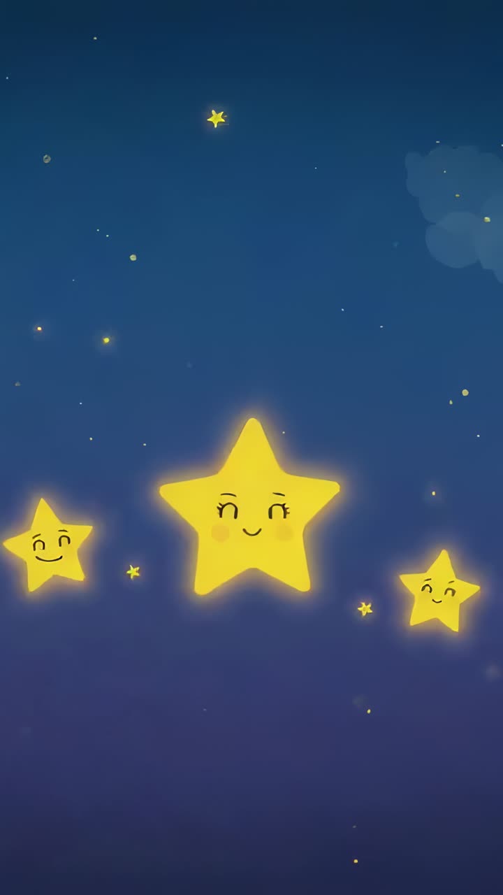 Vertical video: Appearing two glowing stars drifting in night sky, more stars aligning into row