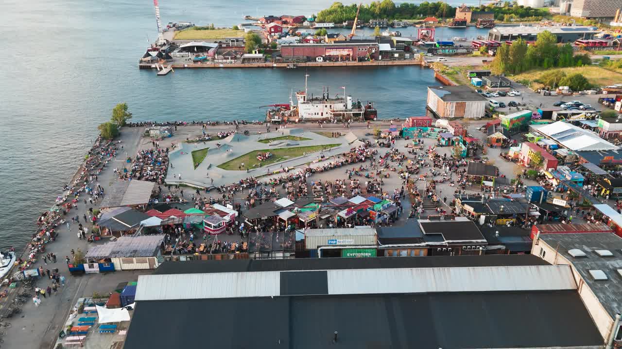Aerial - waterfront Reffen street food market at industrial location, Denmark