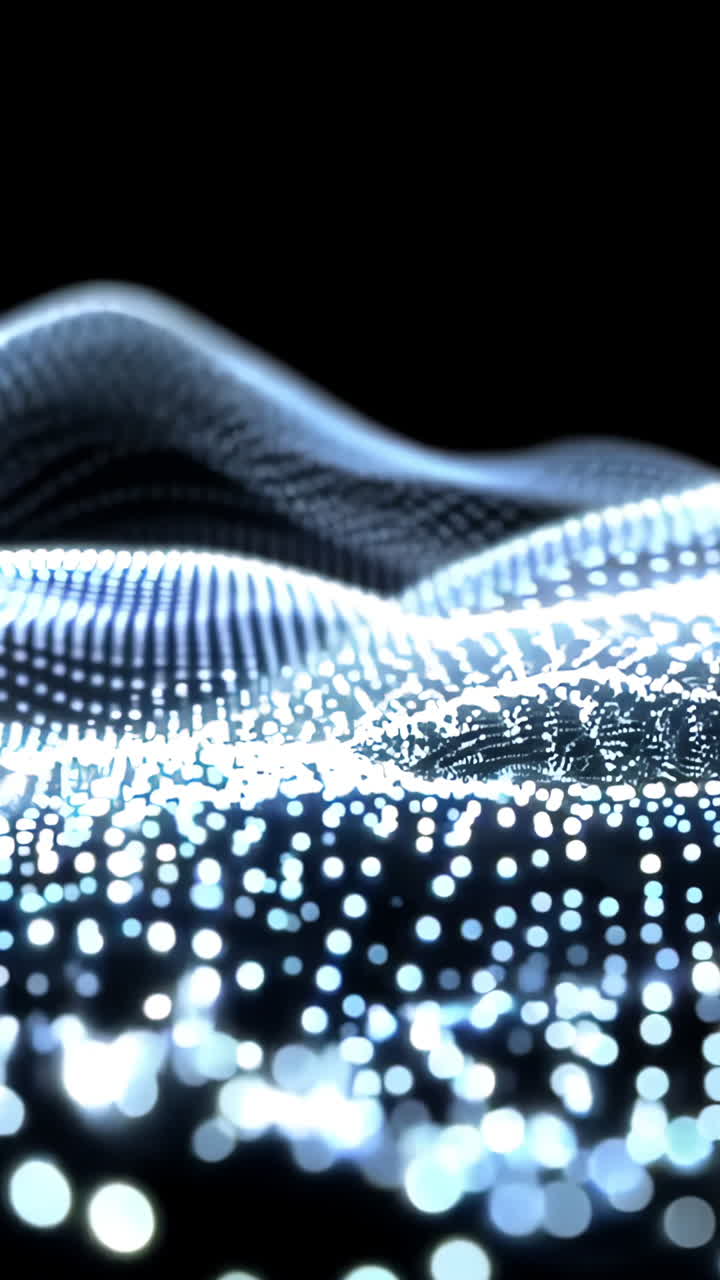 A black and white image of a wave with many dots. The image has a futuristic and abstract feel to it