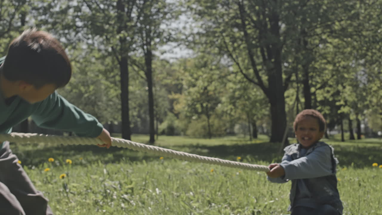 Children playing tug of war in the park