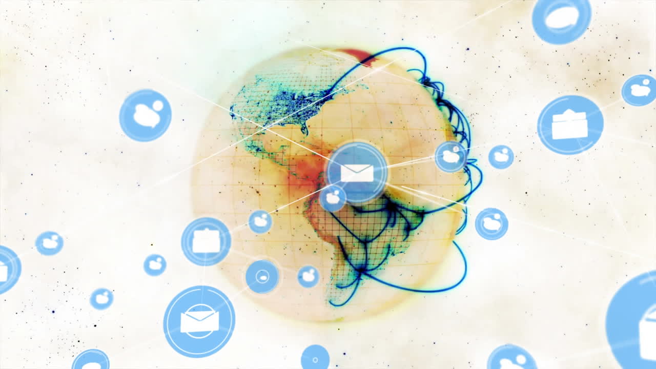 animación de una red de conexiones con iconos en todo el mundo sobre un fondo angustiado